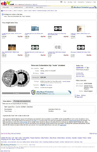 openthesafe eBay Listings Using Our (2008) Rare Undated Mule Twenty Pence Photograph